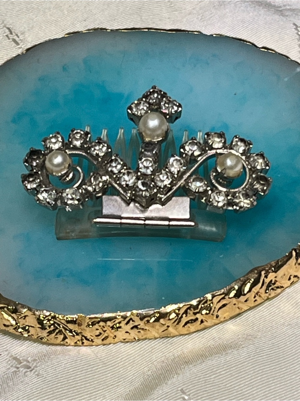 Vintage 1950s Silver Tone Rhinestone Faux Pearl Hair Clip Barrette MCM Hair